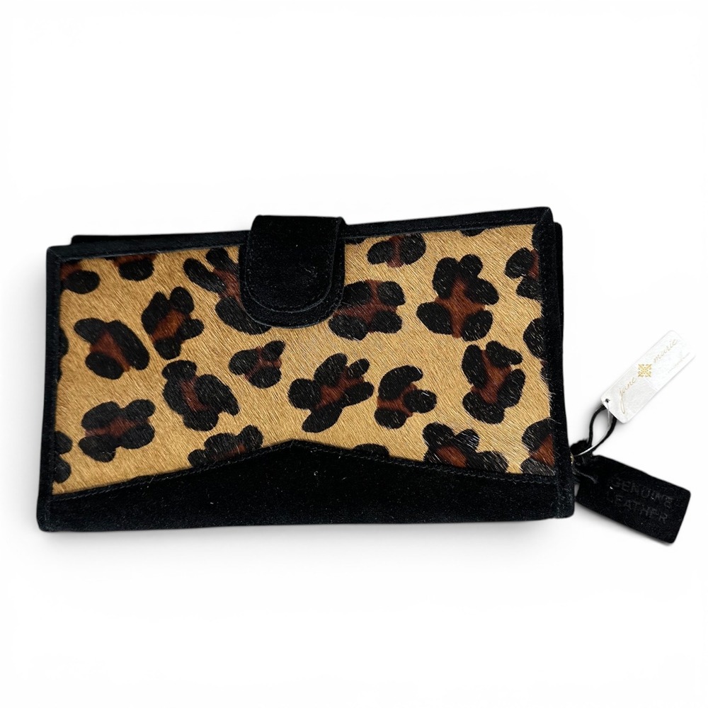 Jane Marie NWT Black Suede Leopard Calf Hair Wallet Clutch Genuine Leather